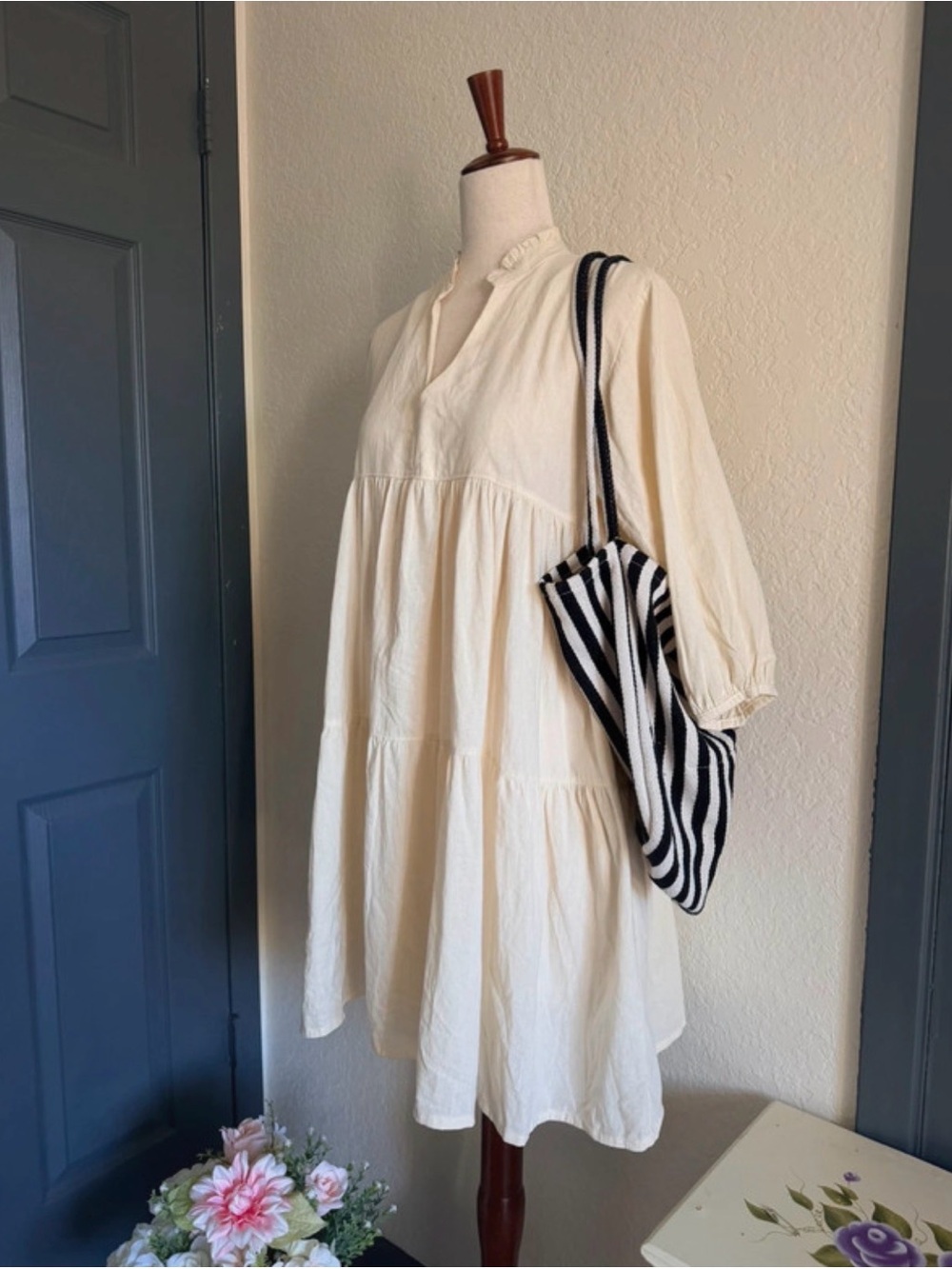 Women's Cotton Cream Tiered V-Neck Smocked Dress